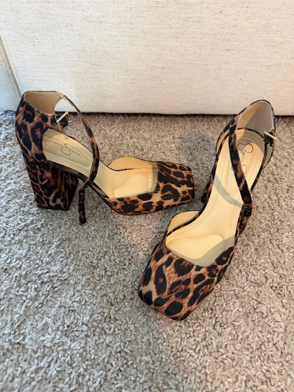 Jessica Simpson Leopard Print Ankle-Strap Platform Block Heels - Brown/Black - Picture 2 of 4
